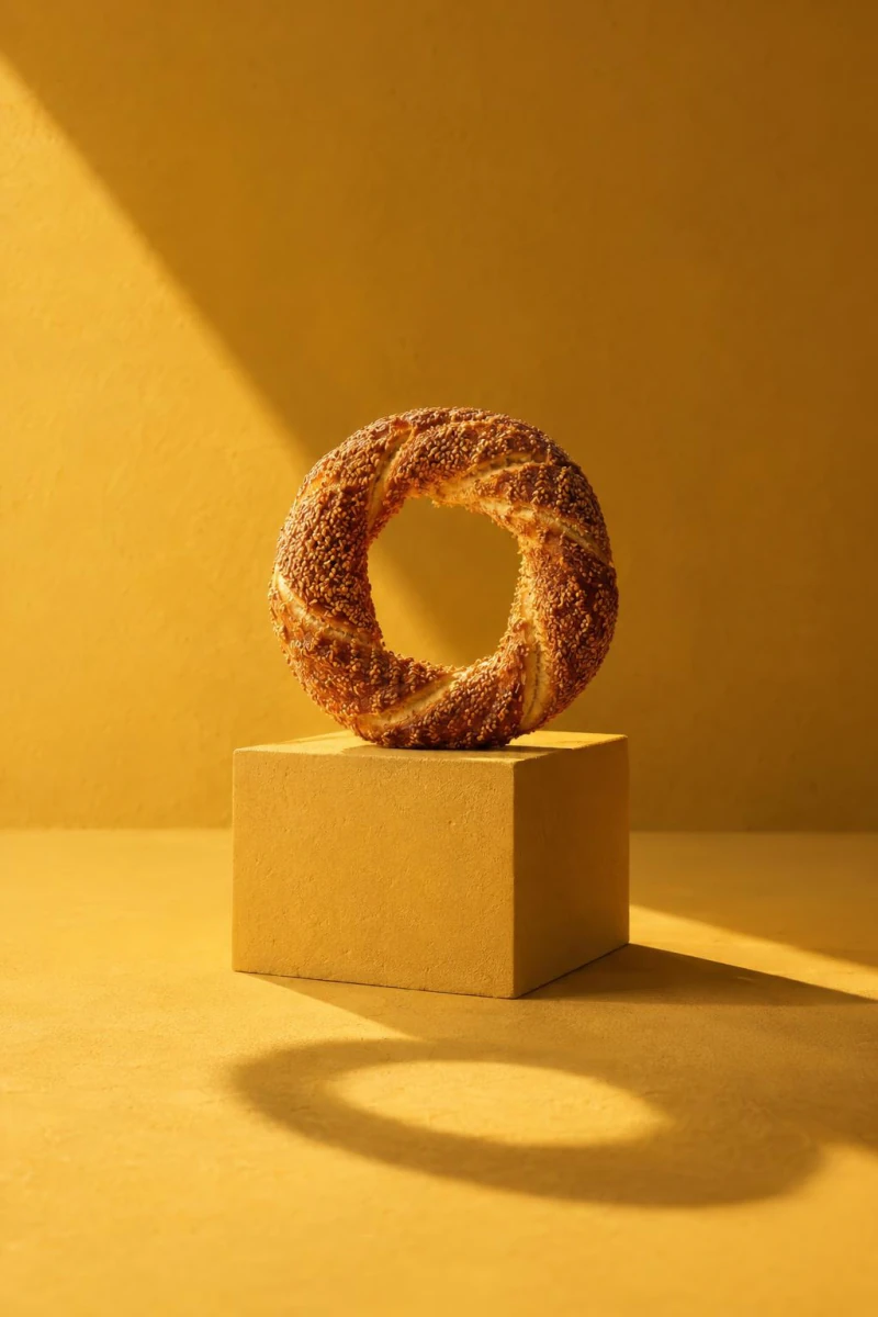 Safran sarısı bir sette küp kaidenin üstünde heykel gibi duran simit
